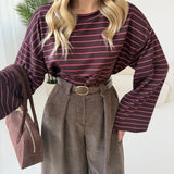 Maglia brown con manica a campana a righe bordeaux