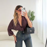Blusa coreana velata in 100 cotone vino