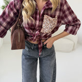 Camicia tartan con tasca in paillettes burgundy