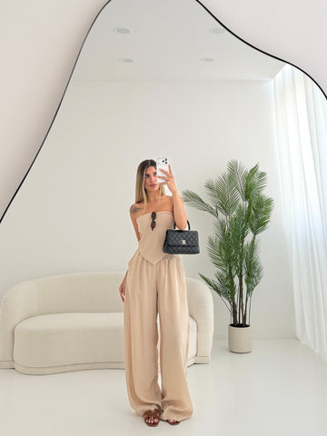 Set fascia a punta con fiocco + pantalone beige