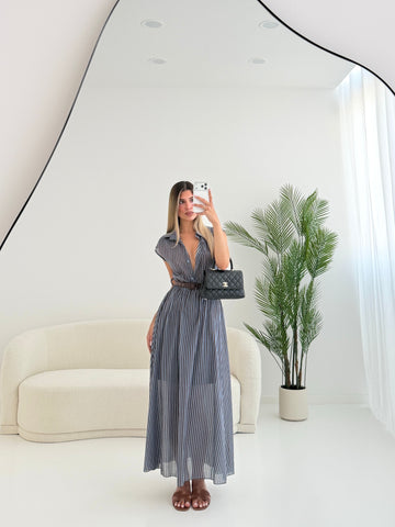 Abito con cintura a righe blu e brown