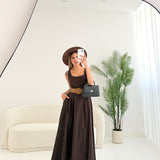 Abito scollo quadrato in cotone con cintura brown