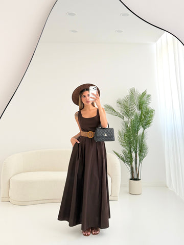 Abito scollo quadrato in cotone con cintura brown