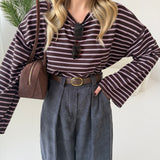 Maglia brown con manica a campana a righe rosa