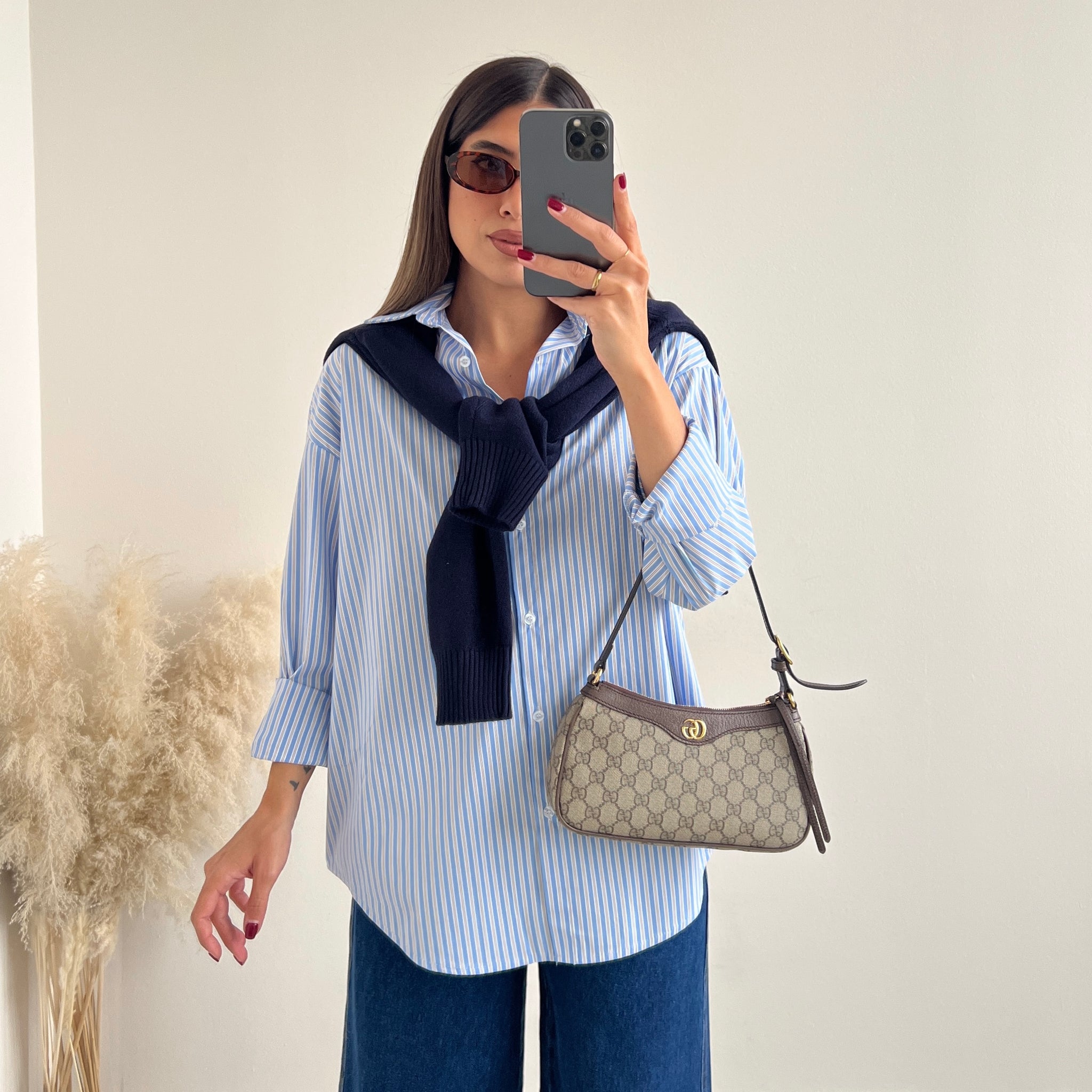 Camicia celeste a righe camel