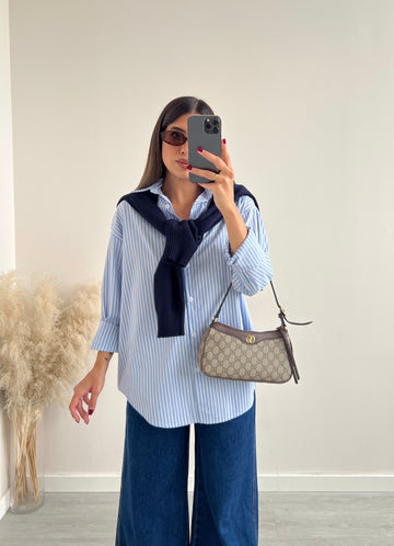 Camicia celeste a righe camel
