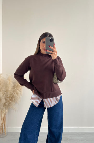 Maglione basic con spacchi laterali caffè