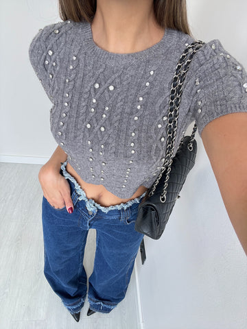 Top corto intrecciato con brillanti grey