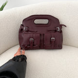 Borsa a mano con doppie tasche frontali in simil pelle martellata burgundy