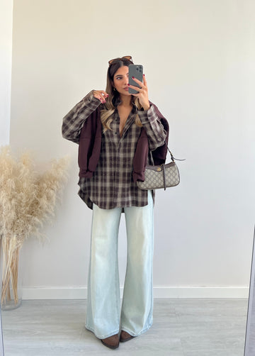 Camicia tartan con brillanti caffè e beige