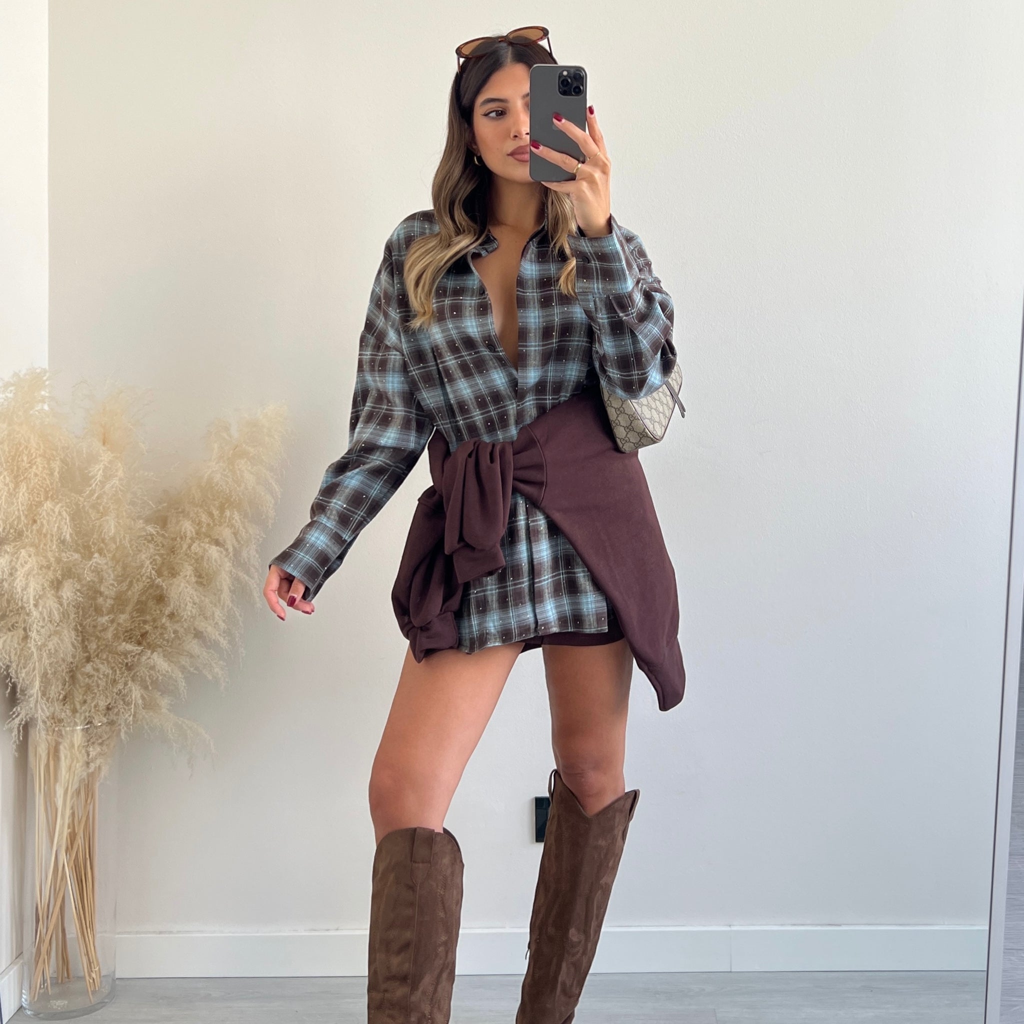 Camicia tartan con brillanti celeste e caffè