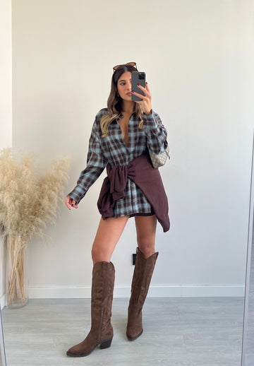 Camicia tartan con brillanti celeste e caffè