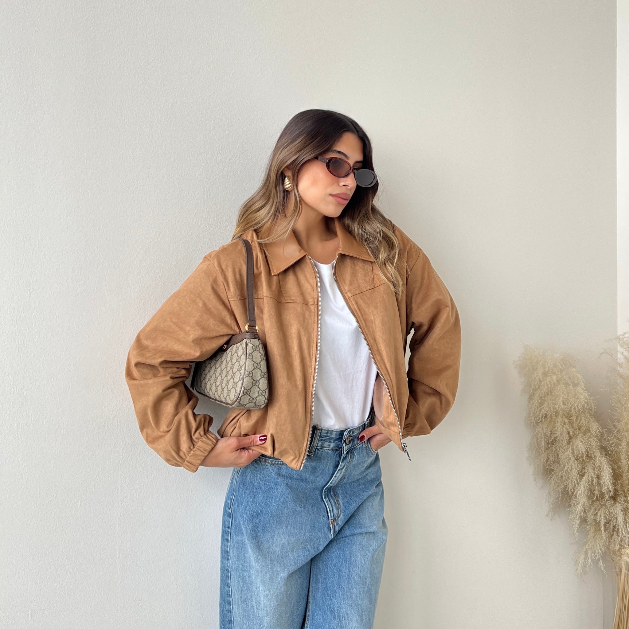 Bomber scamosciato colletto simil pelle camel DA1050