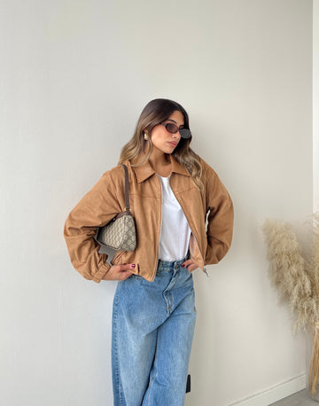 Bomber scamosciato colletto simil pelle camel DA1050