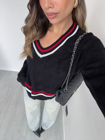 Pullover trecce scollo a v bicolore nero