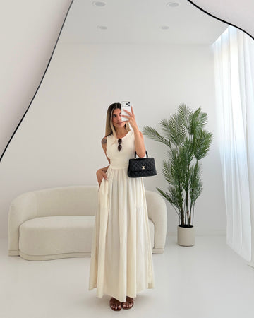 Abito basic con tasche in cotone avorio
