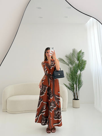 Abito maxi flowers ruggine e marrone