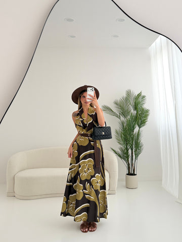 Abito maxi flowers pistacchio e marrone