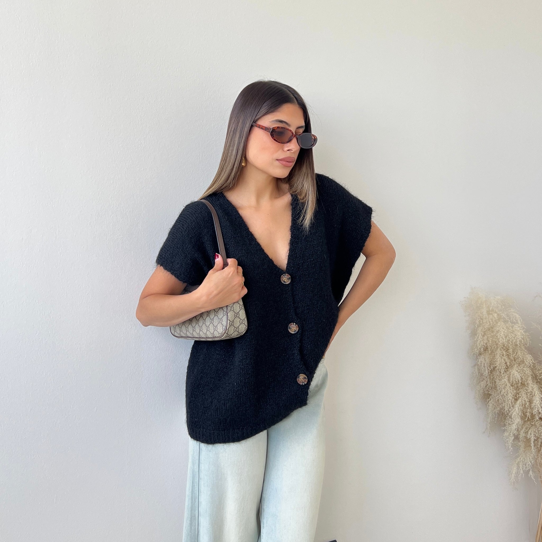 Cardigan con bottoni misto lana nero