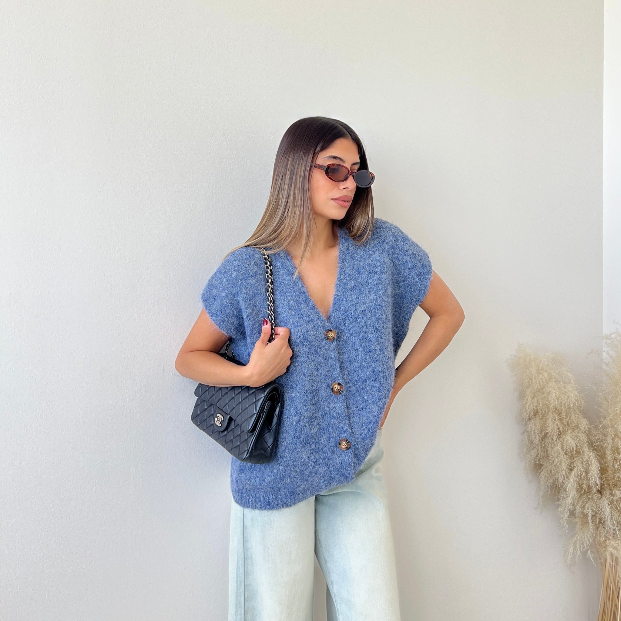 Cardigan con bottoni misto lana cobalto