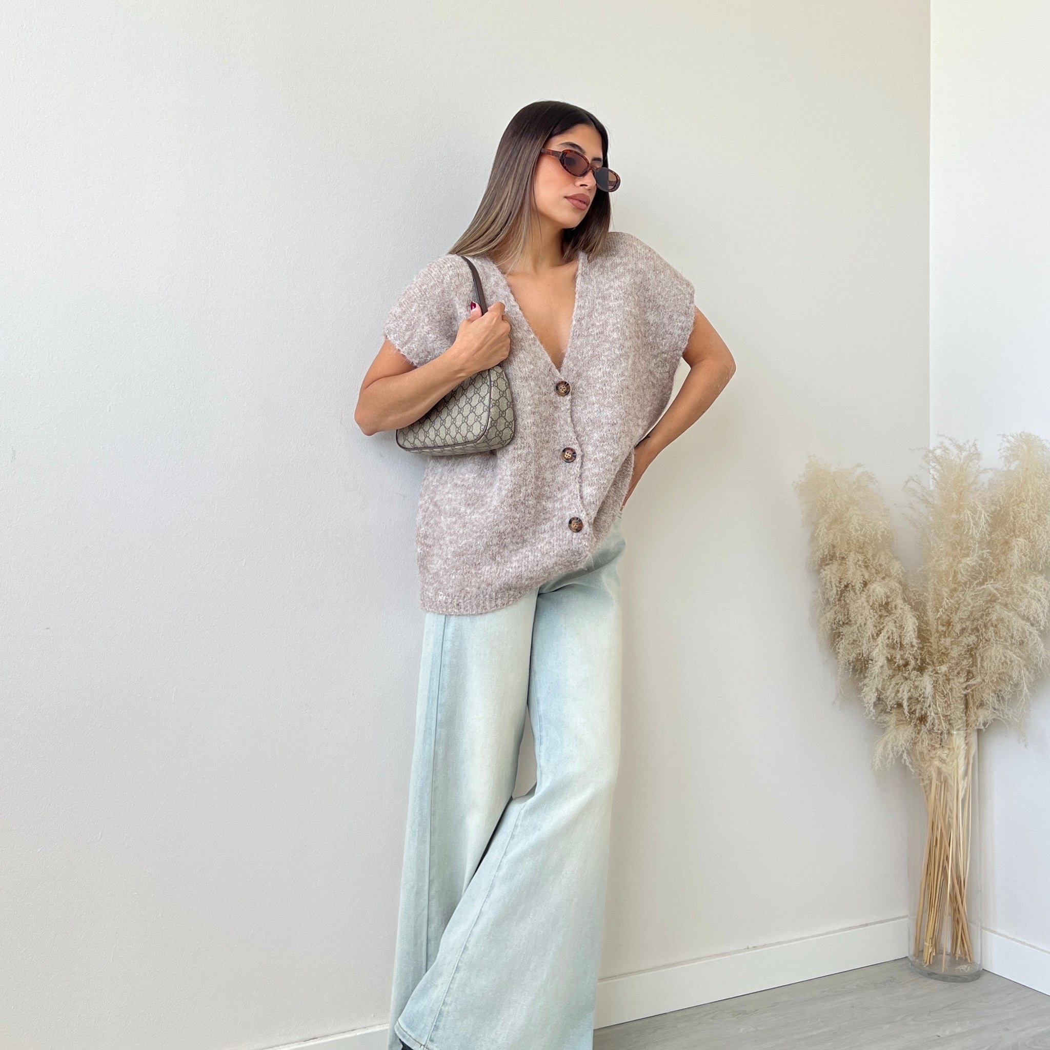 Cardigan con bottoni misto lana sabbia