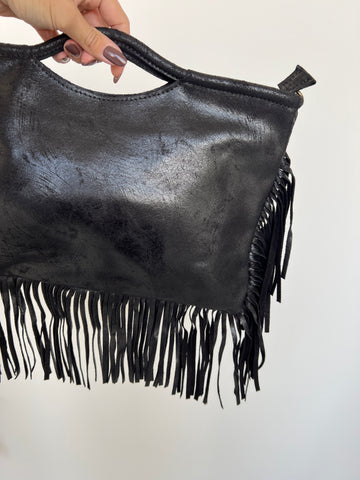 Borsa vera pelle con frange nera