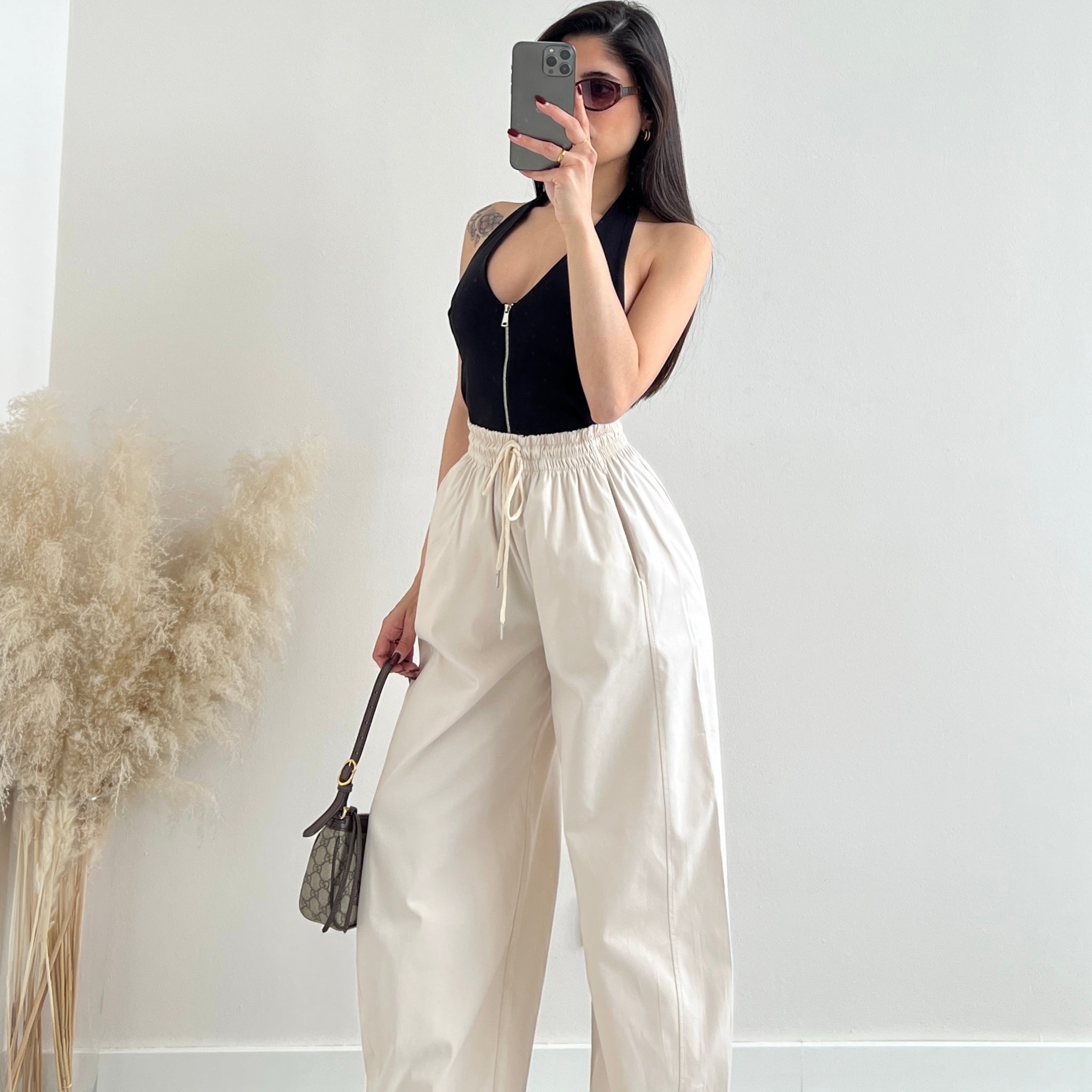 Pantalone baggy in cotone beige (PRE ORDINE)