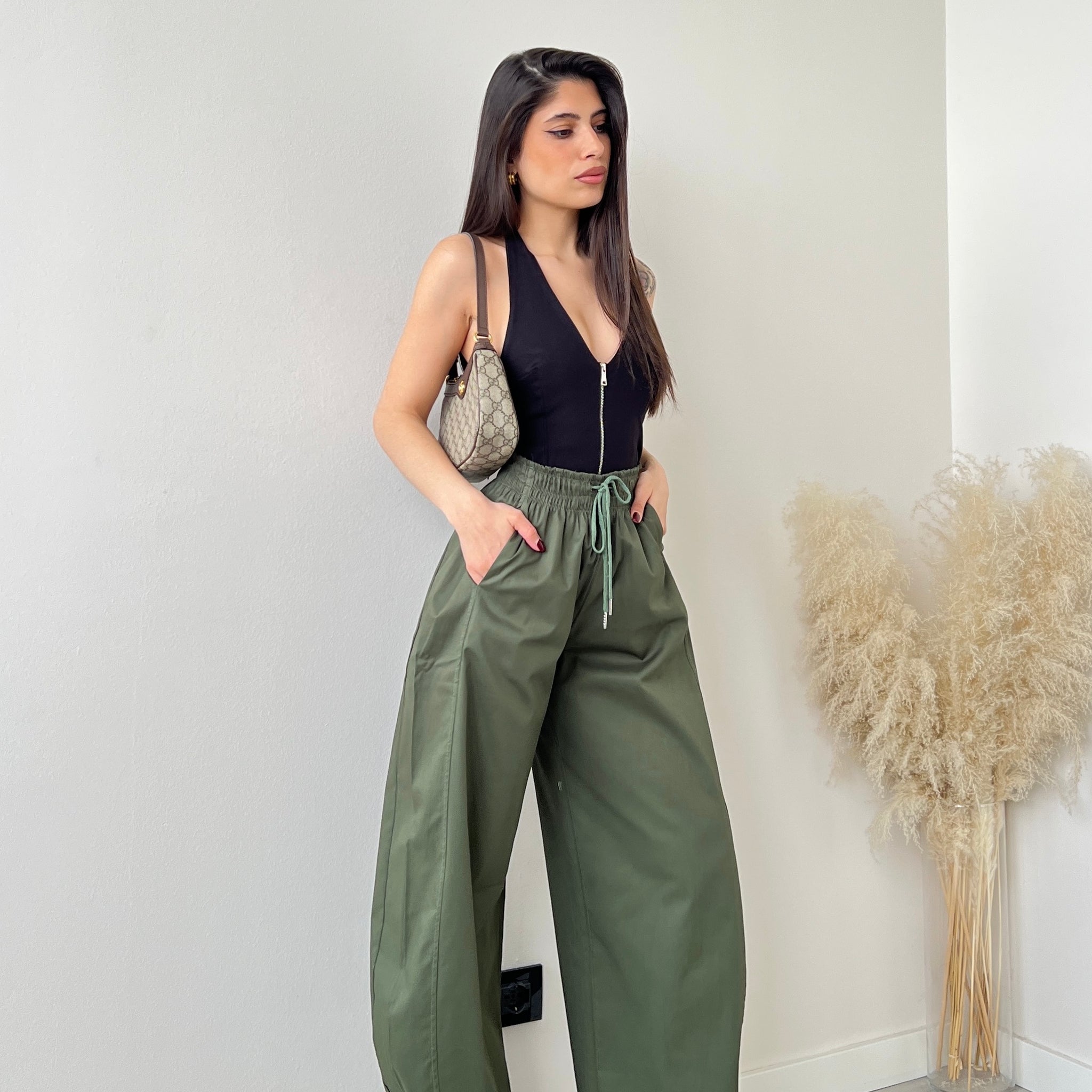 Pantalone baggy in cotone verde militare