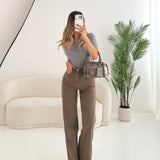 Jeans a vita alta wide leg fango