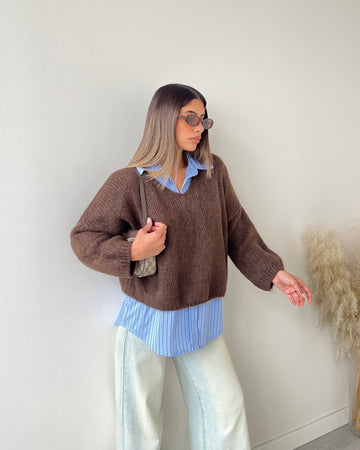 Pullover misto mohair scollo a V caffè