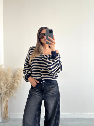 Cardigan Paris blu e beige