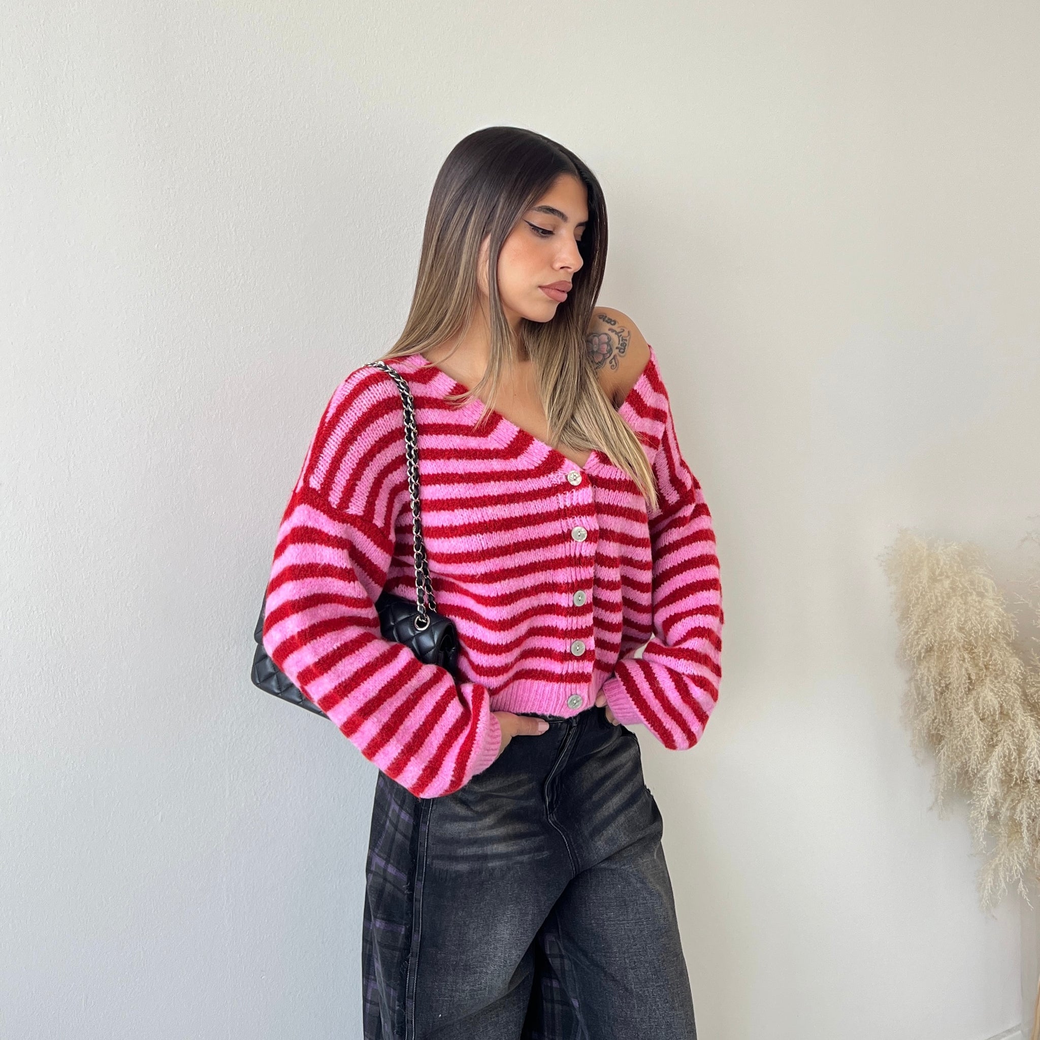 Cardigan Paris fuxia e rosso