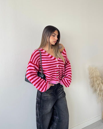 Cardigan Paris fuxia e rosso