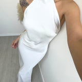 Abito collo alto con scollo all'americana bianco
