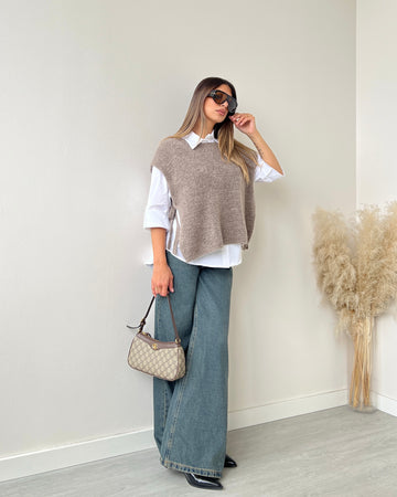 Gilet smanicato con fiocchi laterali tortora