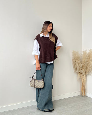 Gilet smanicato con fiocchi laterali caffè