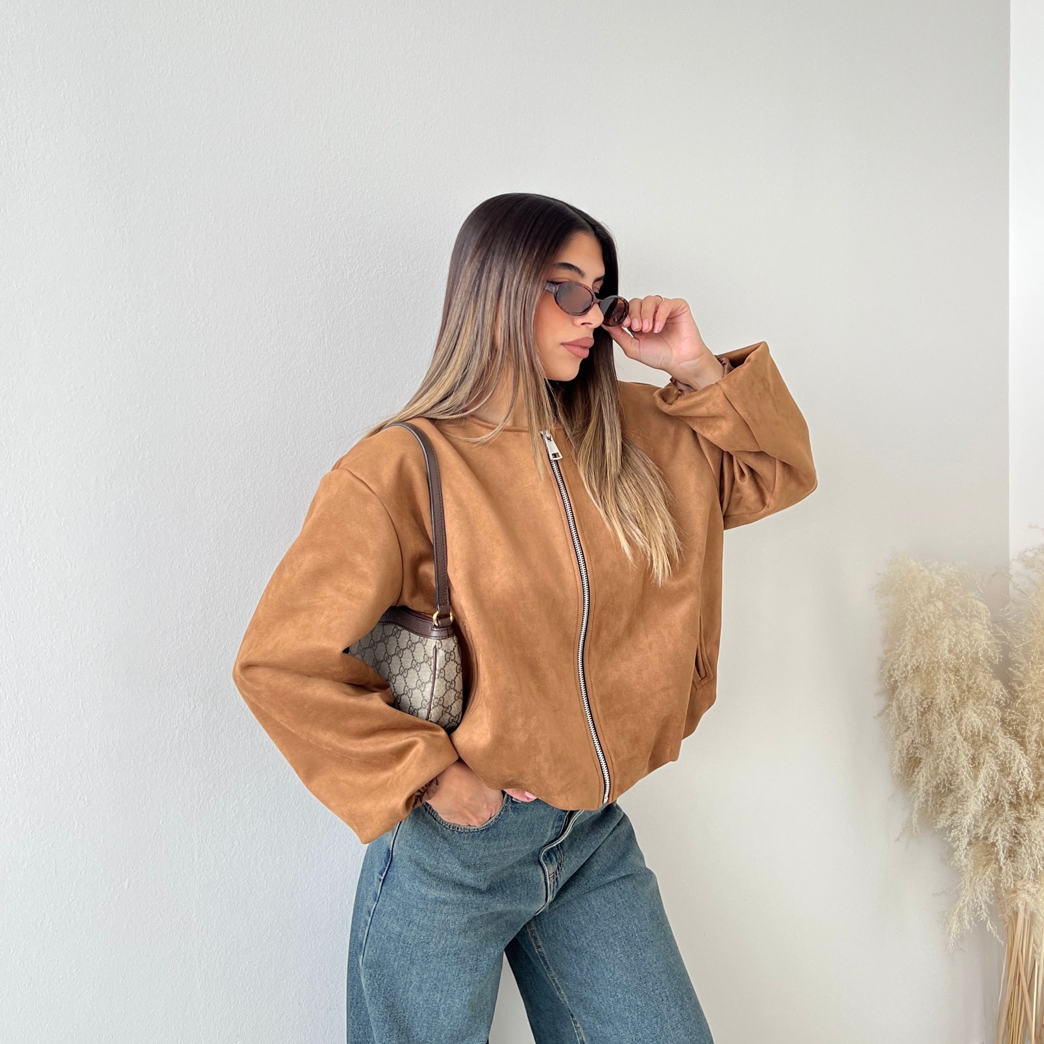 Bomber girocollo con zip camel