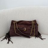 Borsa simil pelle scamosciata con fibbia e frange laterali brown