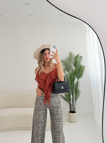 Blusa velata con voulant e scollo a V ruggine