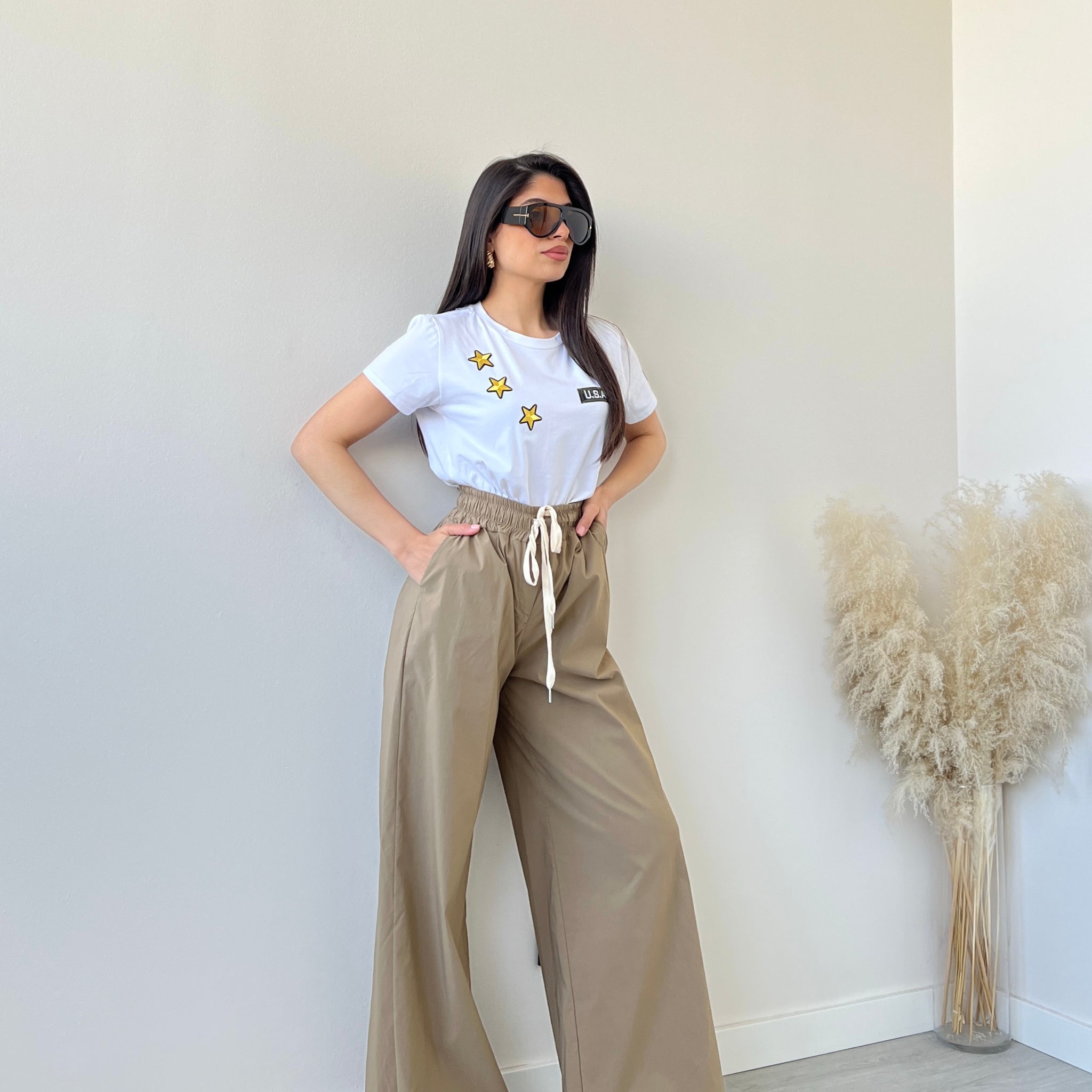 Pantalone palazzo con coulisse camel