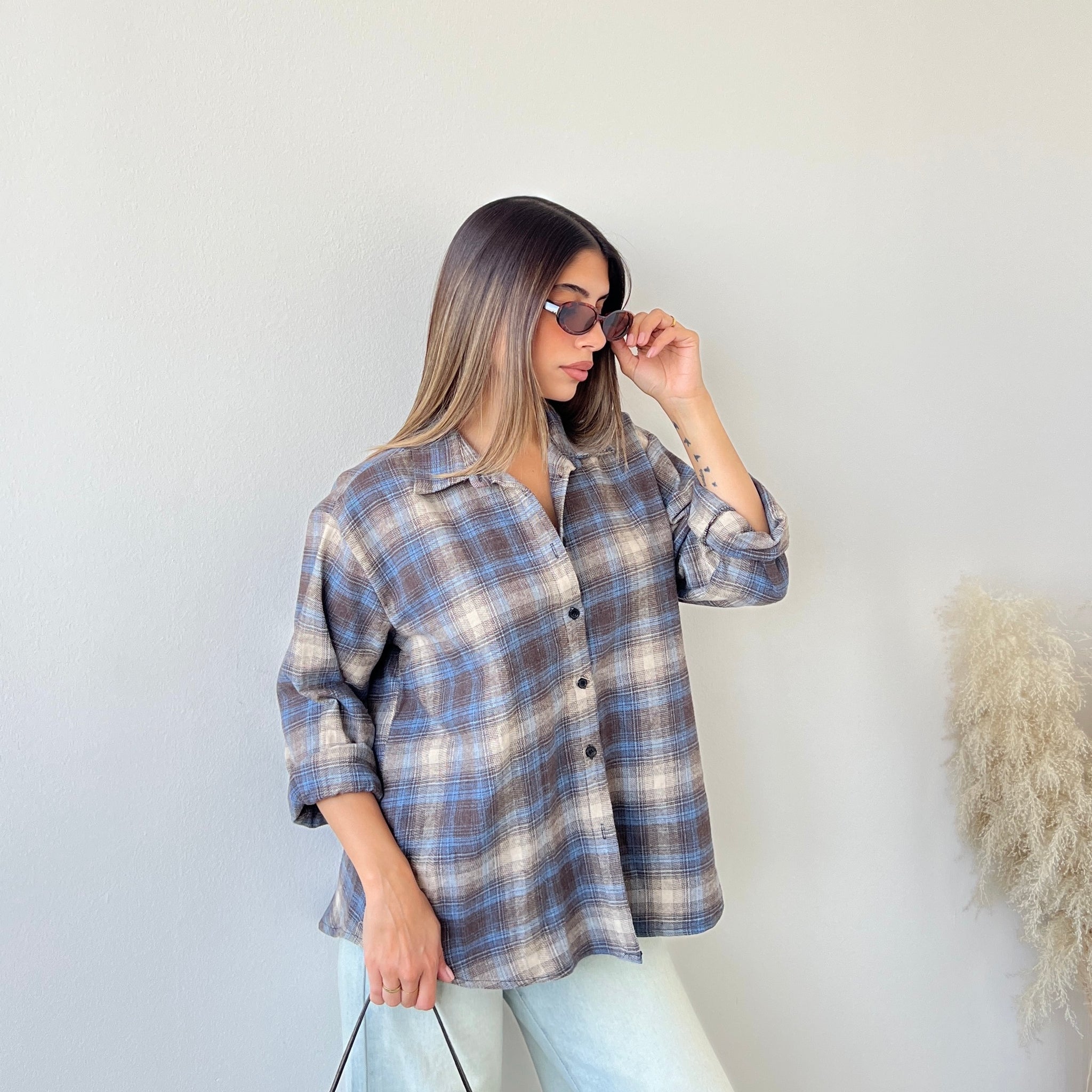 Camicia in cotone tartan celeste e marrone