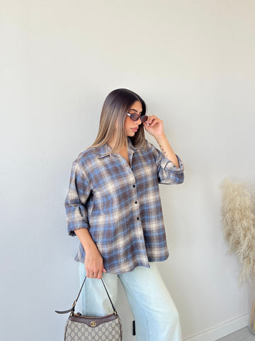 Camicia in cotone tartan celeste e marrone