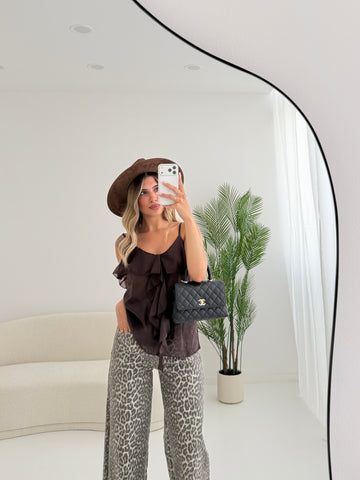Blusa velata con voulant e scollo a V brown
