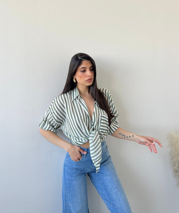 Camicia in viscosa a righe verde