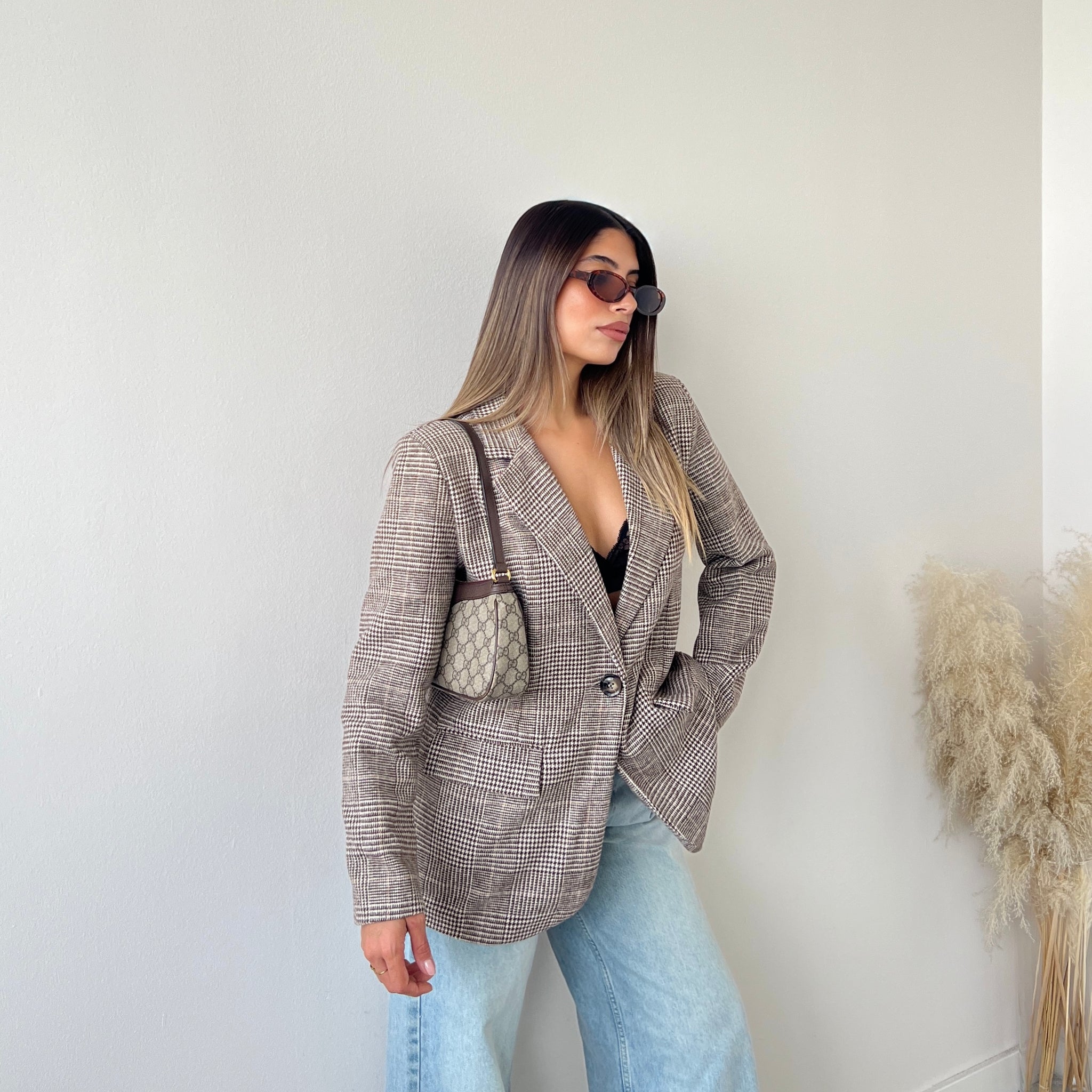 Giacca pesante tartan con bottone e tasche marrone