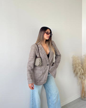 Giacca pesante tartan con bottone e tasche marrone