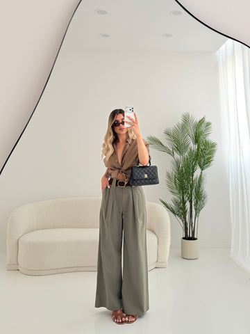 Pantalone in cotone con cintura scamosciata verdone