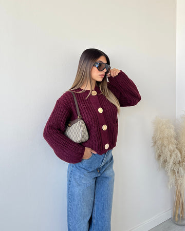 Maglione maglia larga con bottoni dorati bordeaux