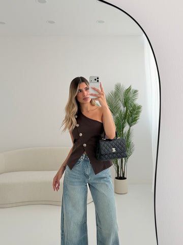 Top monospalla in cotone camel