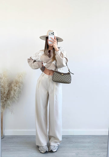 Pantalone palazzo basic con bottone beige